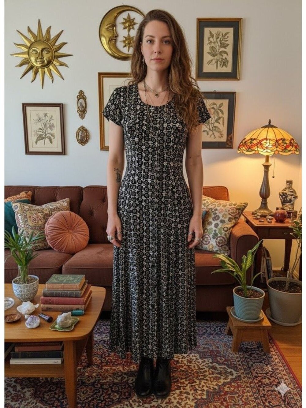 Vintage 90s Rampage Black Daisy Floral Maxi Dress Rayon Grunge Whimsigoth S 5